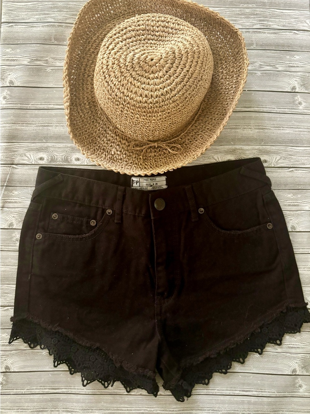 Free People Black High-Waist Lace-Trim Shorts